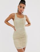 Tfnc Shimmer Mesh Ruched Mini Dress In Light Gold - Gold