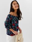 Qed London Bardot Top With Tiered Sleeves In Navy Floral