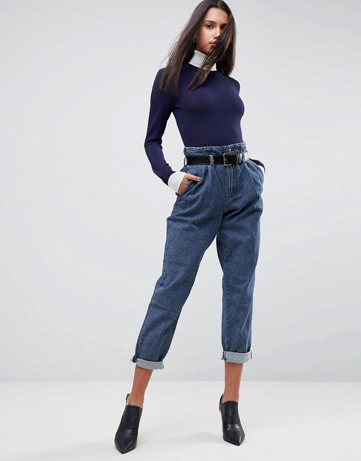 Asos Tapered Pants With Belt In Herringbone Denim-blue