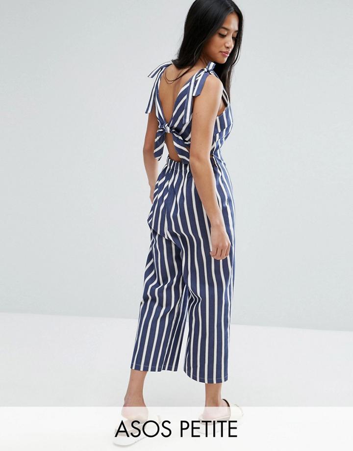 Asos Petite V Neck Jumpsuit In Stripe With Tie Shoulder Detail - Multi