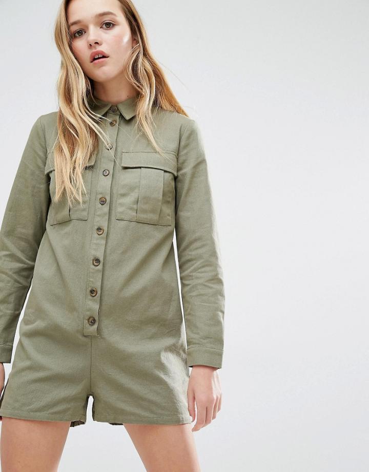 Daisy Street Military Romper With Pockets - Khaki