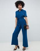Asos Design Jumpsuit With Soft Flare Leg And Self Belt-blue