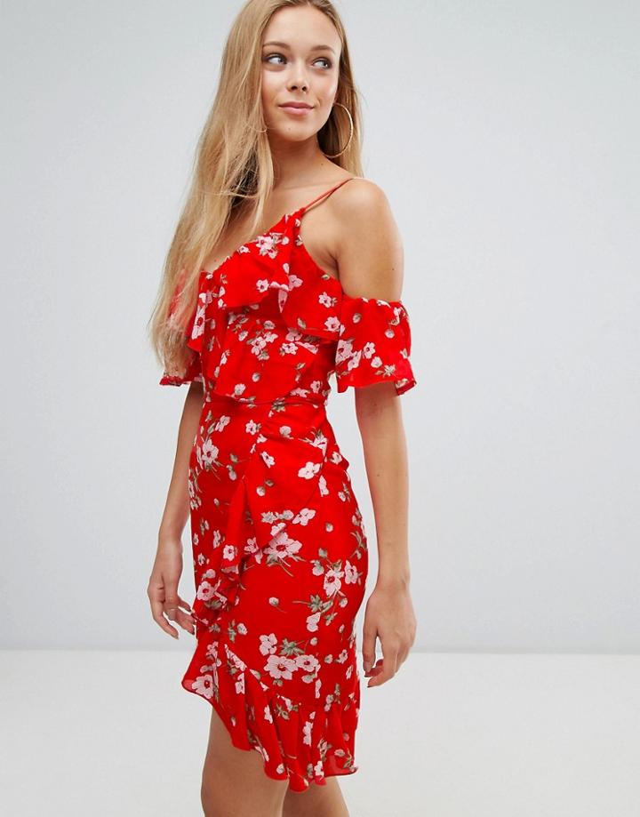 Parisian Cold Shoulder Floral Dress With Ruffles - Red