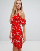 Parisian Cold Shoulder Floral Dress With Ruffles - Red