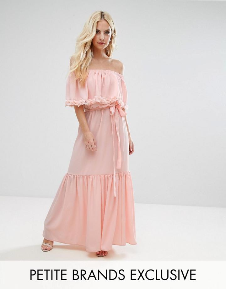 John Zack Petite Off Shoulder High Low Maxi Dress With 3d Rose Applique Detail - Pink