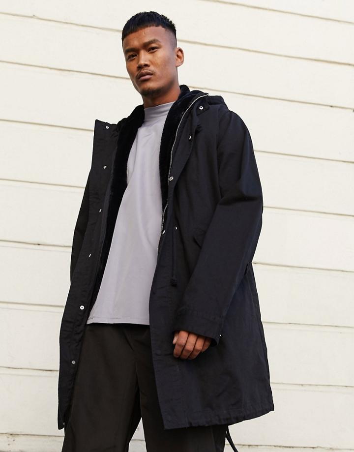 Asos Design Parka Jacket In Black With Detachable Faux Fur Liner