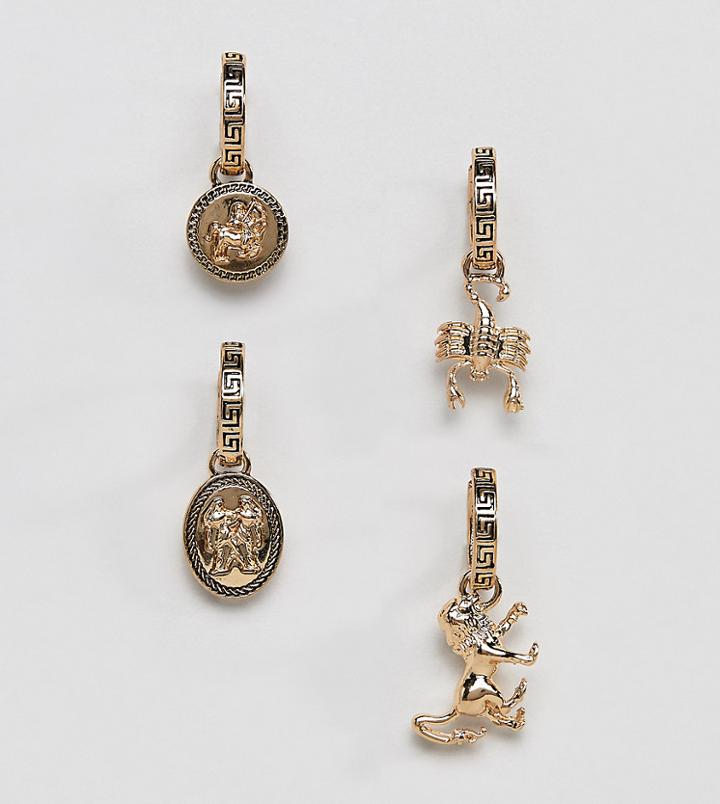 Asos Design Vintage Style Mixed Hoop Earring Pack With Lion In Gold Tone - Gold