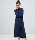 Monki Button Up Midi Dress With Pockets In Navy - Brown