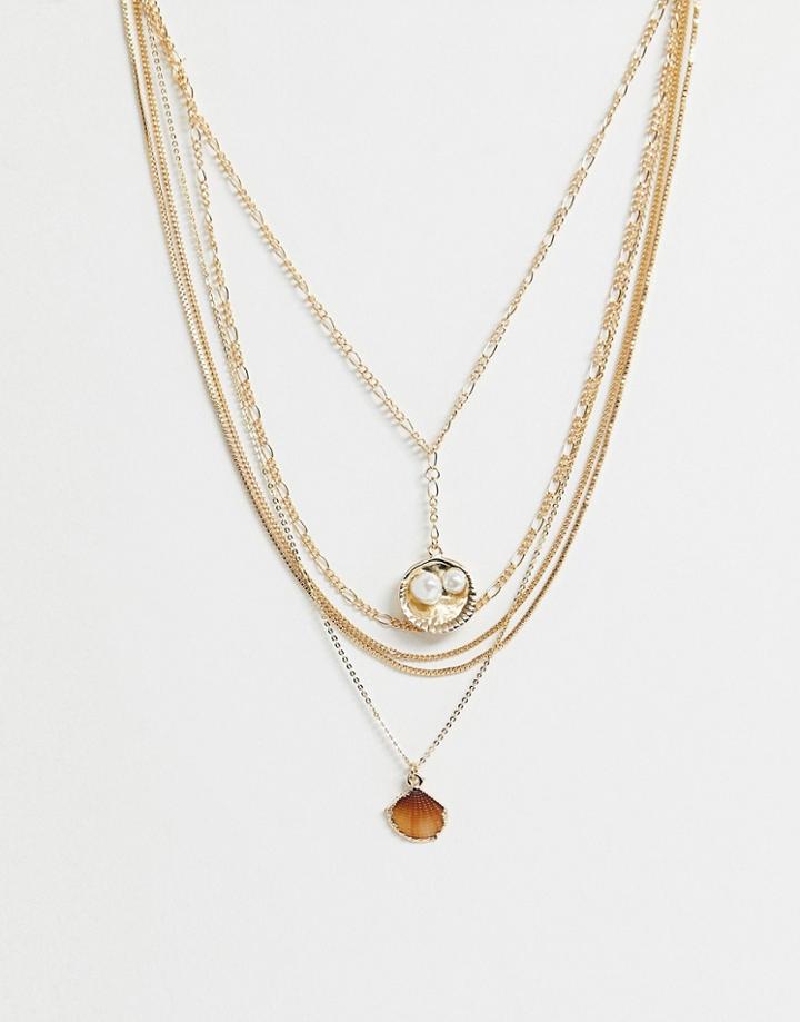 Asos Design Multirow Necklace With Sea Shell Pendants And Mixed Chains In Gold - Gold