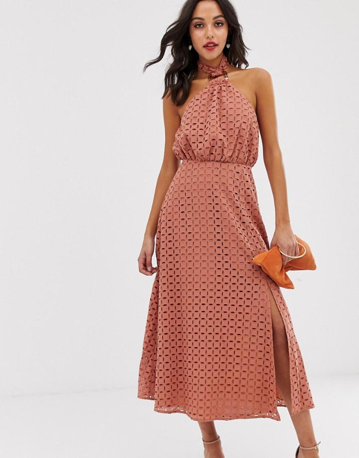 Asos Design Halterneck Broderie Maxi Dress-pink