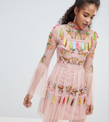 Frock And Frill Tall Folk Embroidered Tassel Skater Dress - Pink