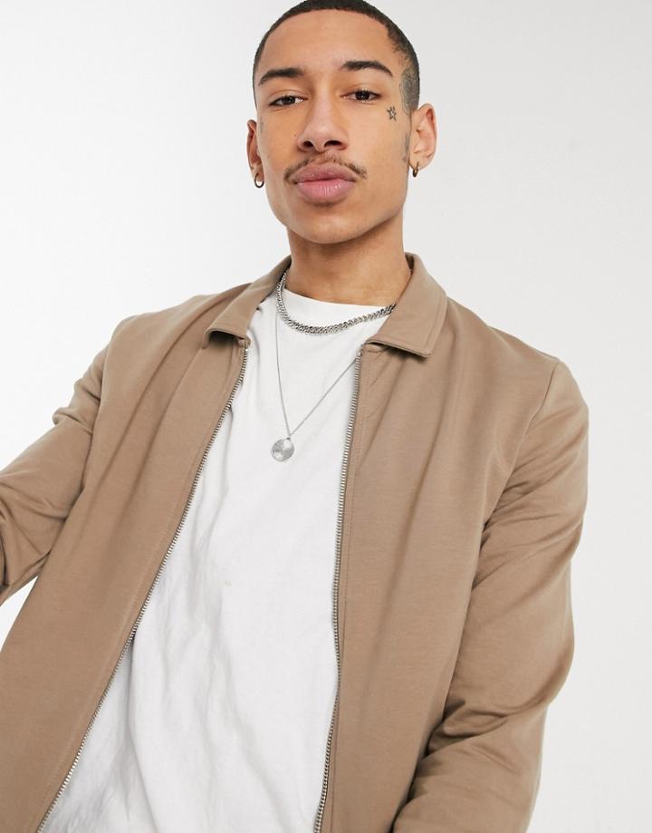 Asos Design Muscle Jersey Harrington Jacket In Brown