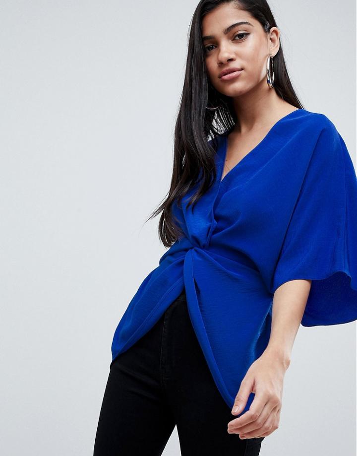Asos Design Knot Front Top With Kimono Sleeve - Blue