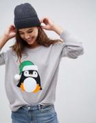 Brave Soul Penguin Christmas Sweater - Gray