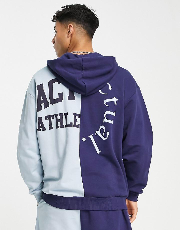 Asos Actual Oversized Hoodie With Cut And Sew Detail With Logo Print In Blue - Part Of A Set-navy
