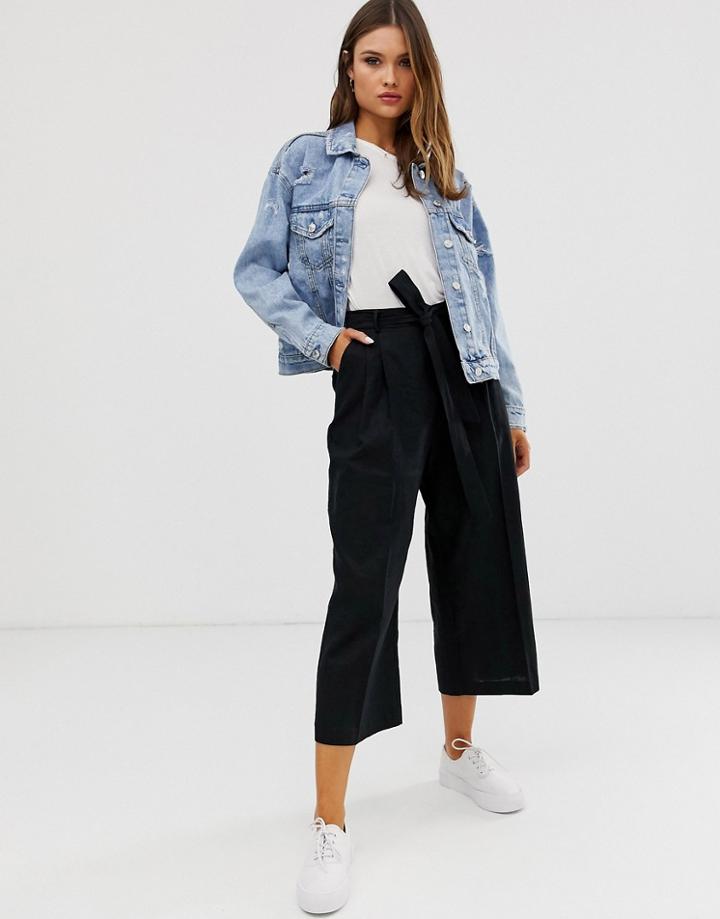 Asos Design Linen Tie Waist Culottes In Black - Black