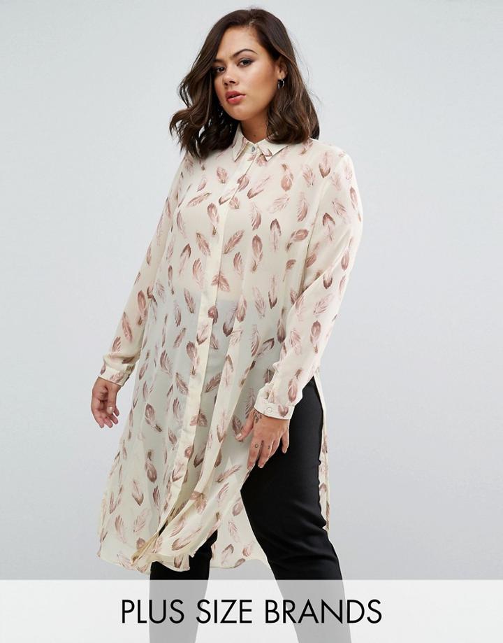 Koko Plus Longline Shirt In Feather Print - Cream