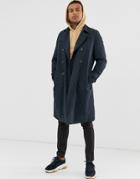 Asos Design Double Breasted Trench With Quilted Lining-navy