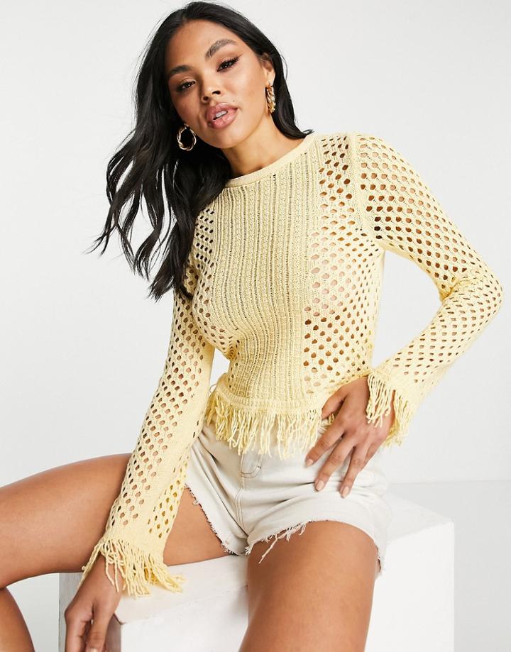 Asos Design Sweater In Open Stitch With Fringe Hem And Tie Detail In Orange