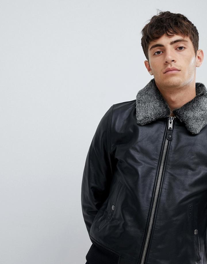 Schott Leather Flight Jacket With Detachable Faux Fur Collar In Slim Fit In Black - Black