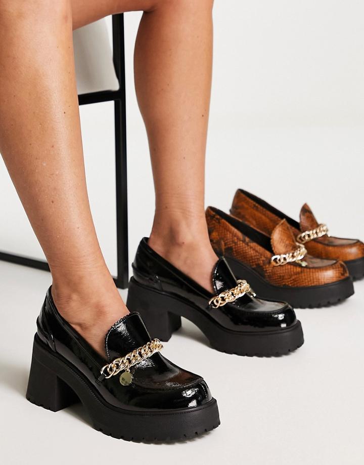 Asos Design Spicy Chunky Mid Heeled Loafers With Chain In Black
