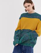 Asos Design Oversized Textured Sweater With Chest Stripe In Blue Twist