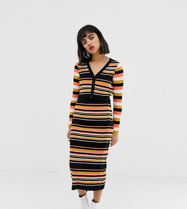 Asos Design Petite Two-piece Skinny Rib Midi Skirt In Stripe-multi