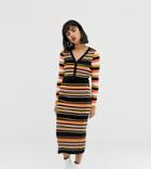 Asos Design Petite Two-piece Skinny Rib Midi Skirt In Stripe-multi