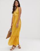 Asos Design Halter Maxi Dress With Lace Up In Polka Dot-multi