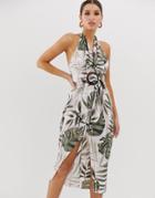 Asos Design Satin Midi Dress With Trench Detail And Horn Buckle In Palm Print - Multi