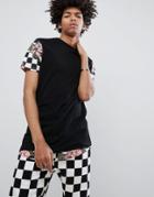 Asos Design Super Longline T-shirt With Checkerboard Rose Print & Hem Extender - Black