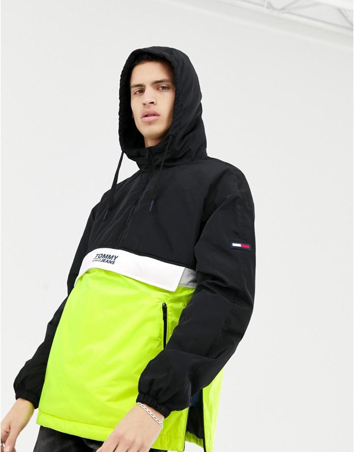Tommy Jeans Overhead Color Block Hooded Jacket With Chest Logo In Black/white/yellow - Multi