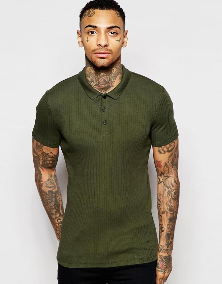 Asos Extreme Muscle Polo In Khaki Rib - Khaki