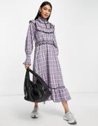 Y.a.s Check Dress With Collar Detail And Frill Hem In Purple