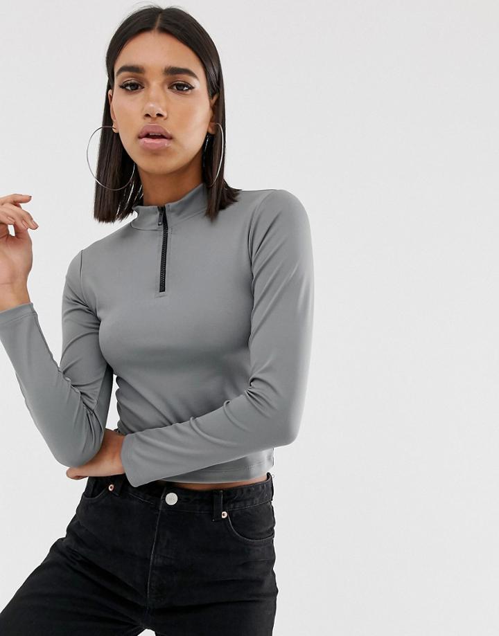 Asos Design Top With Zip In Gray