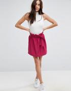 Asos Textured Mini Skater Skirt With Paperbag Waist And Belt - Purple