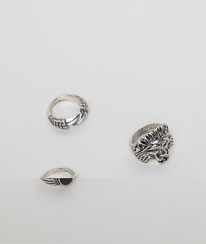 Asos Ring Pack With Lion In Burnished Silver - Silver