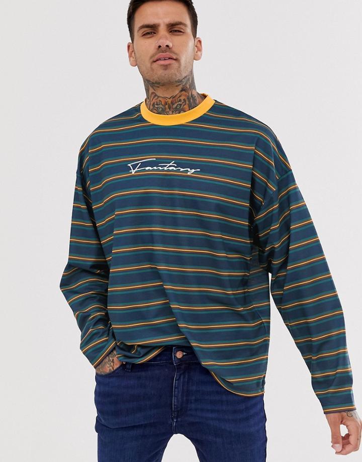 Asos Design Oversized Long Sleeve Stripe T-shirt With Embroidery In Pique - Multi