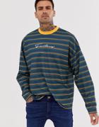 Asos Design Oversized Long Sleeve Stripe T-shirt With Embroidery In Pique - Multi