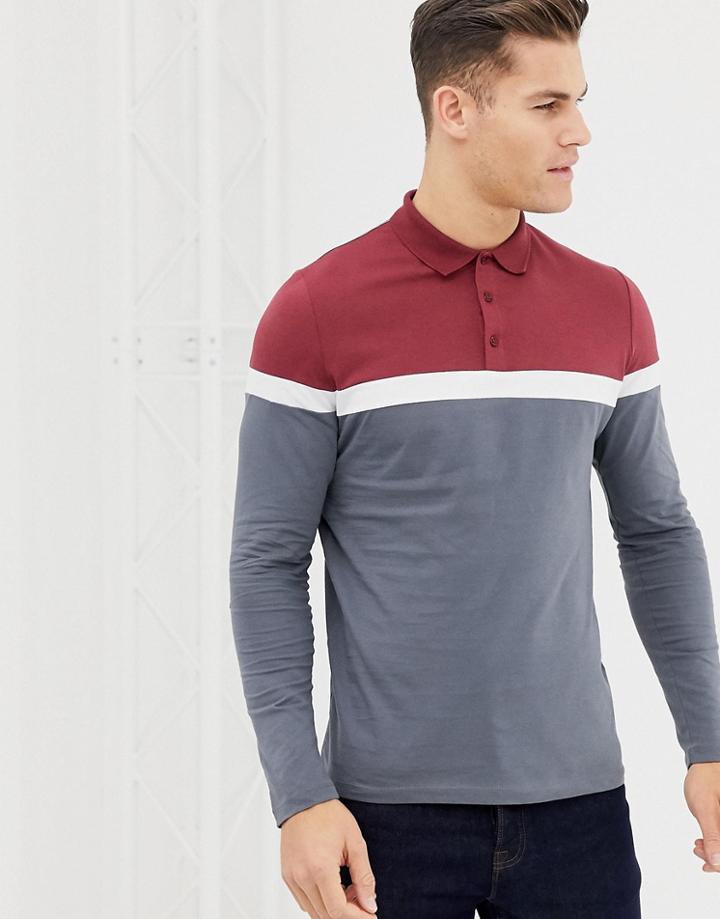 Asos Design Long Sleeve Polo Shirt With Contrast Body And Sleeve Panels In Gray - Gray