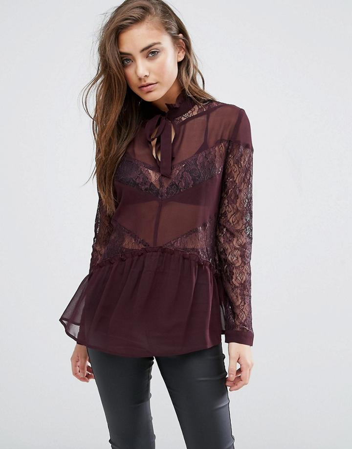 Miss Selfridge Sheer And Lace Mix Blouse - Purple