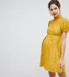 Asos Maternity Mini Lace Dress With Puff Sleeve - Yellow