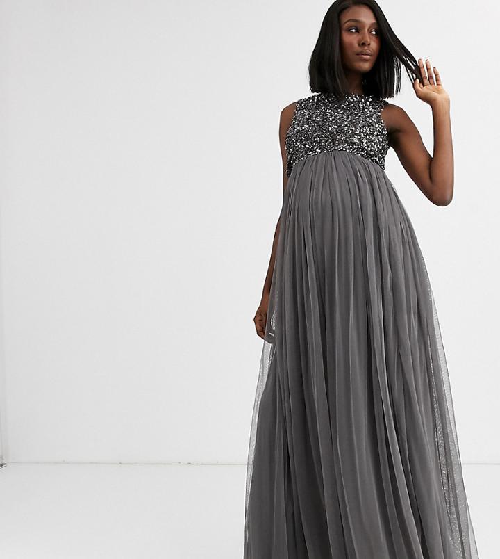 Maya Maternity Bridesmaid Delicate Sequin 2 In 1 Maxi Dress In Dark Grey