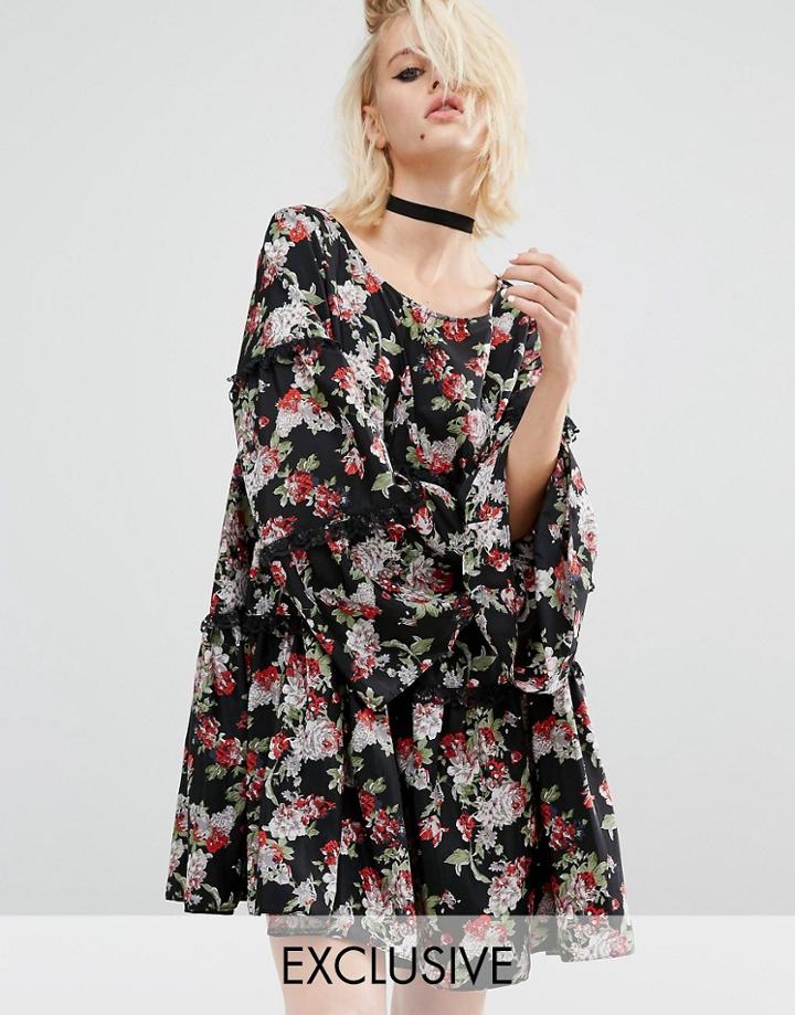 Reclaimed Vintage Tiered Smock Dress With Frill Insert In Floral - Black