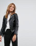 Pull & Bear Premium Leather Biker Jacket - Black