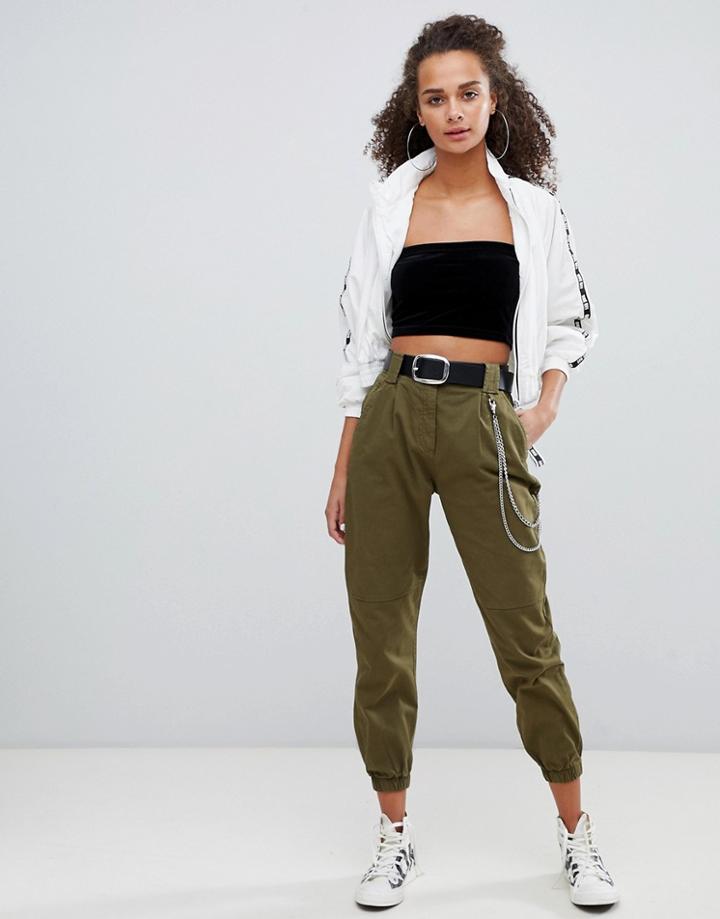Bershka Chain Detail Cargo Pants - Green