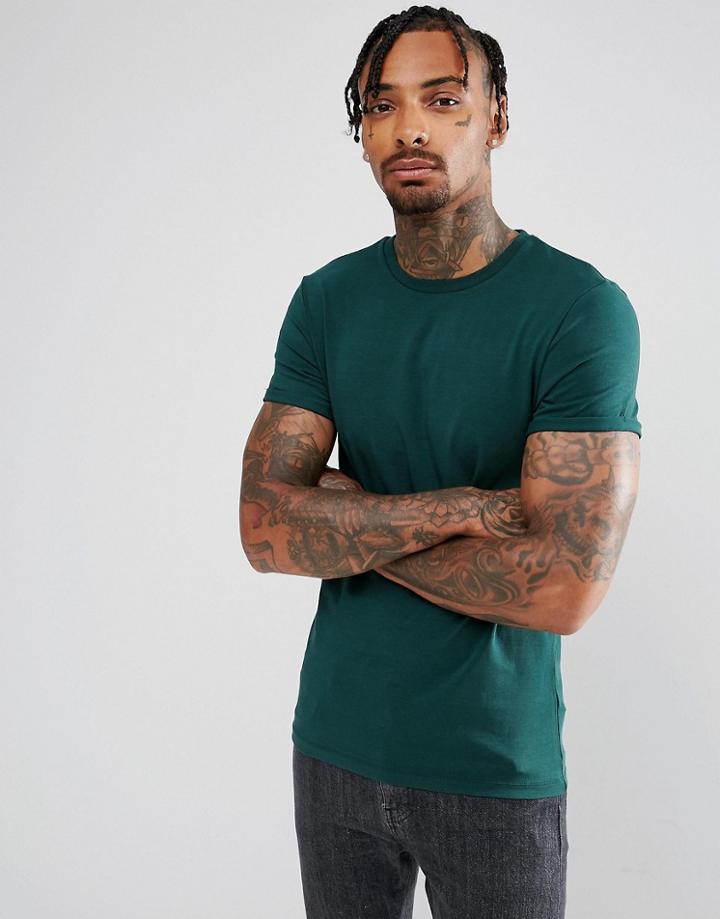 Asos Design Muscle T-shirt With Roll Sleeve In Green - Green