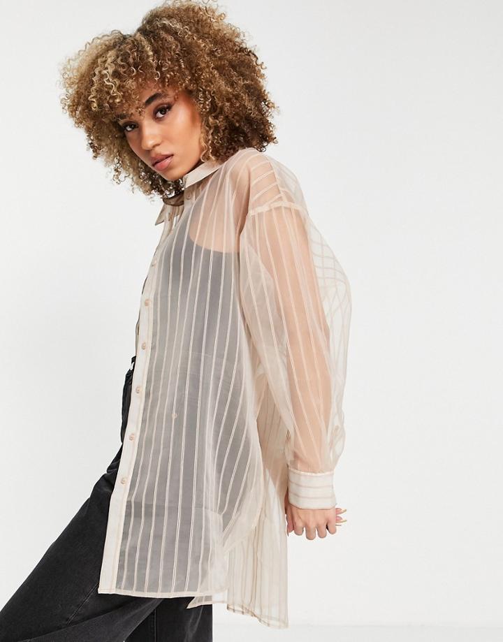 Topshop Stripe Organza Shirt In Camel-neutral