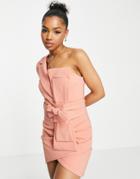Lavish Alice One Shoulder Twisted Wrap Dress In Coral-orange
