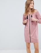Asos Off Shoulder Sweat Dress With Zips & Tie Details-pink
